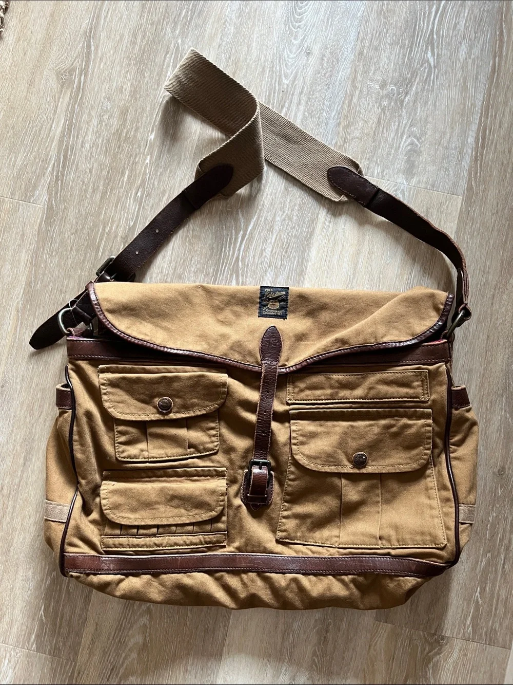 Vintage Polo Ralph Lauren Canvas Messenger Bag Leather Brown Trim Aztec Lining
